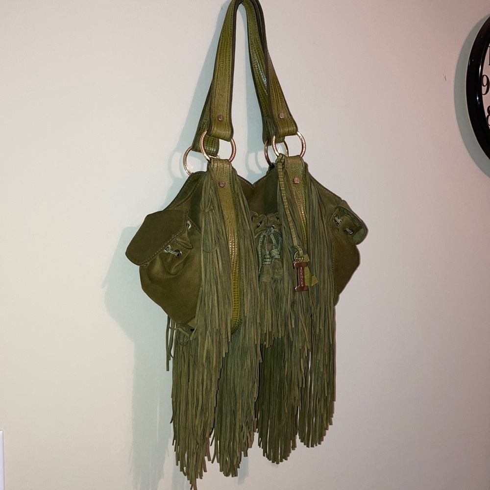 Moss Green Suede bag with fringe and gold hardware